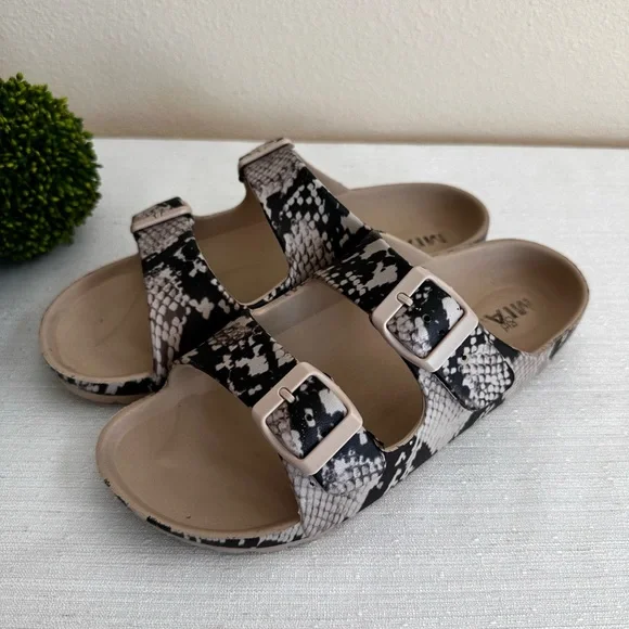 MIA Girl Snake Print Taupe/Black Dual Buckle Lightweight Slide Sandals Women’s 7 - Picture 1 of 8